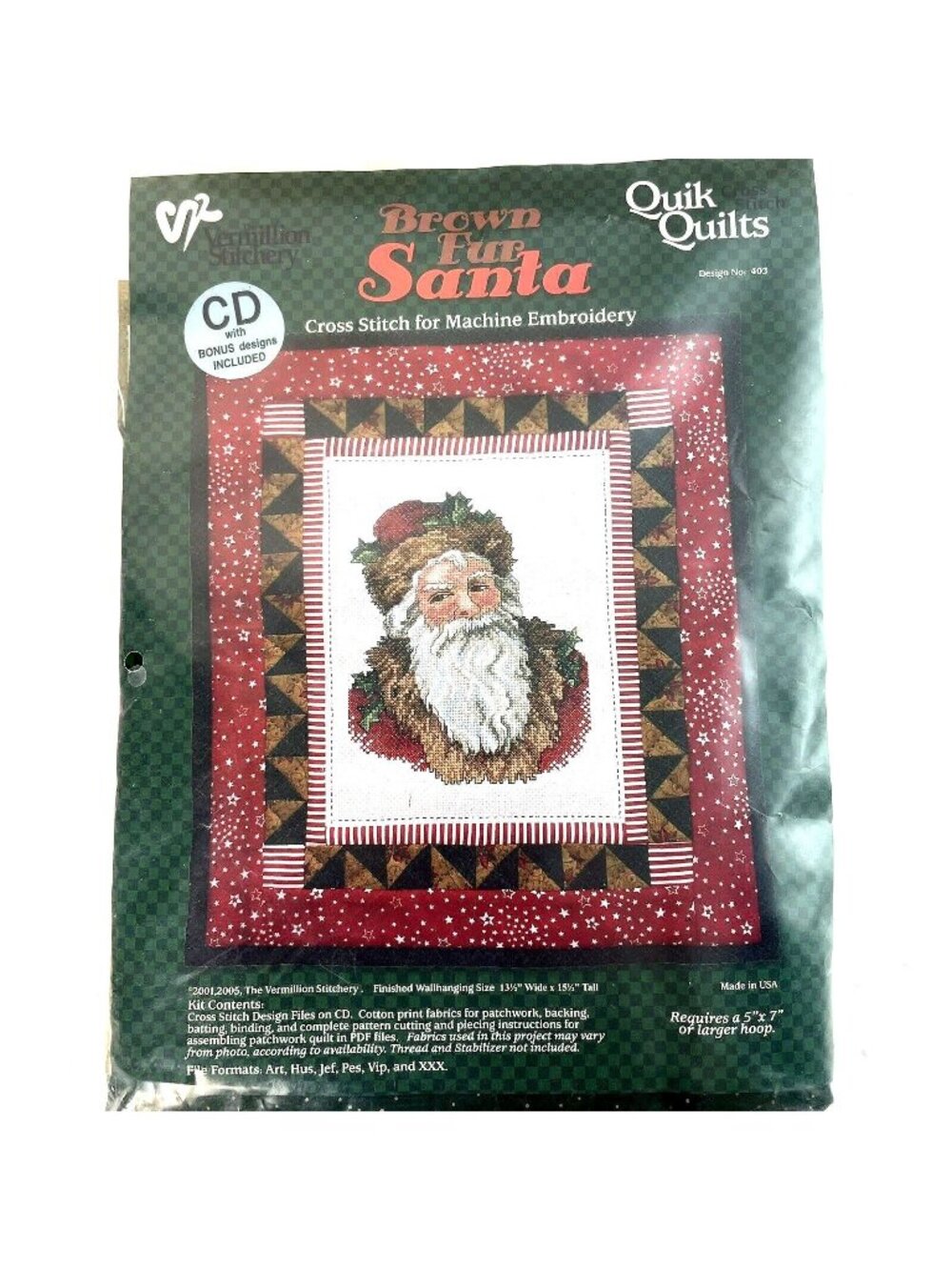 Vermillion Stitchery Brown Fur Santa Cross Stitch Kit Machine Embroidery & CD